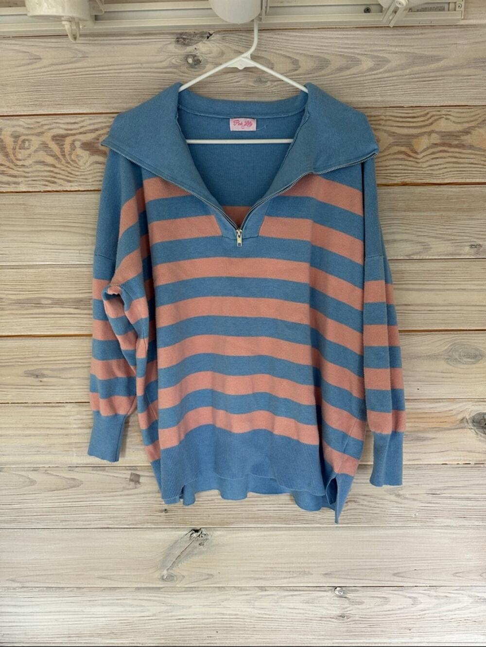 Pink Lily Blue & Peach Striped Half-Zip Pullover